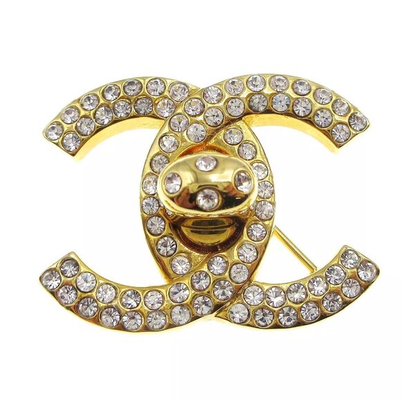 Chanel Rhinestone Turnlock Brooch Pin Gold Small - Picture 1 of 4